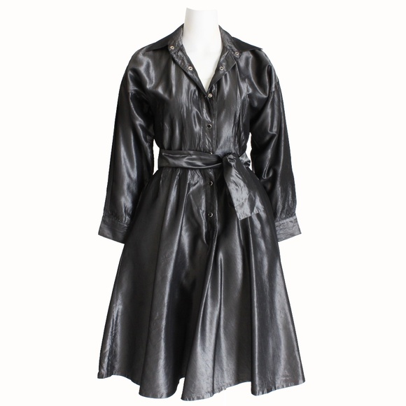 80s Norma Kamali Dress Shimmery Graphite Belted Shirt Dress Flared Vintage Sz 6 - Picture 1 of 8